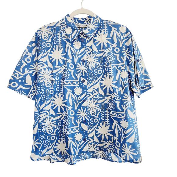 Zara Blue & White Tropical Print Short Sleeve Button Up Top 100% Cotton Medium - Picture 2 of 5